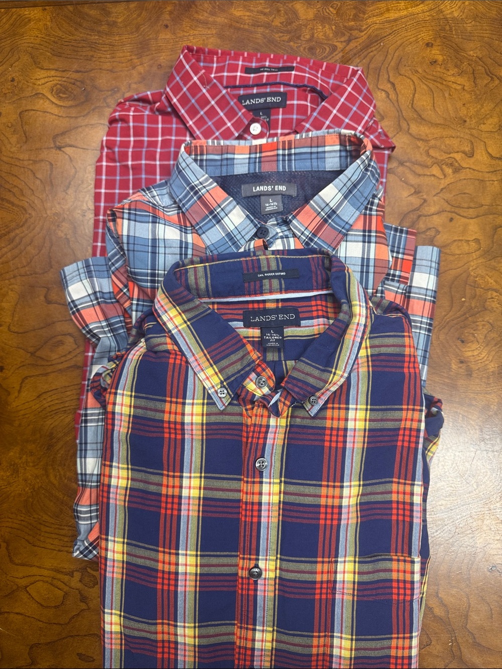 Lands' End Men's Plaid Button-Down Shirt Trio in Navy, Red & Orange